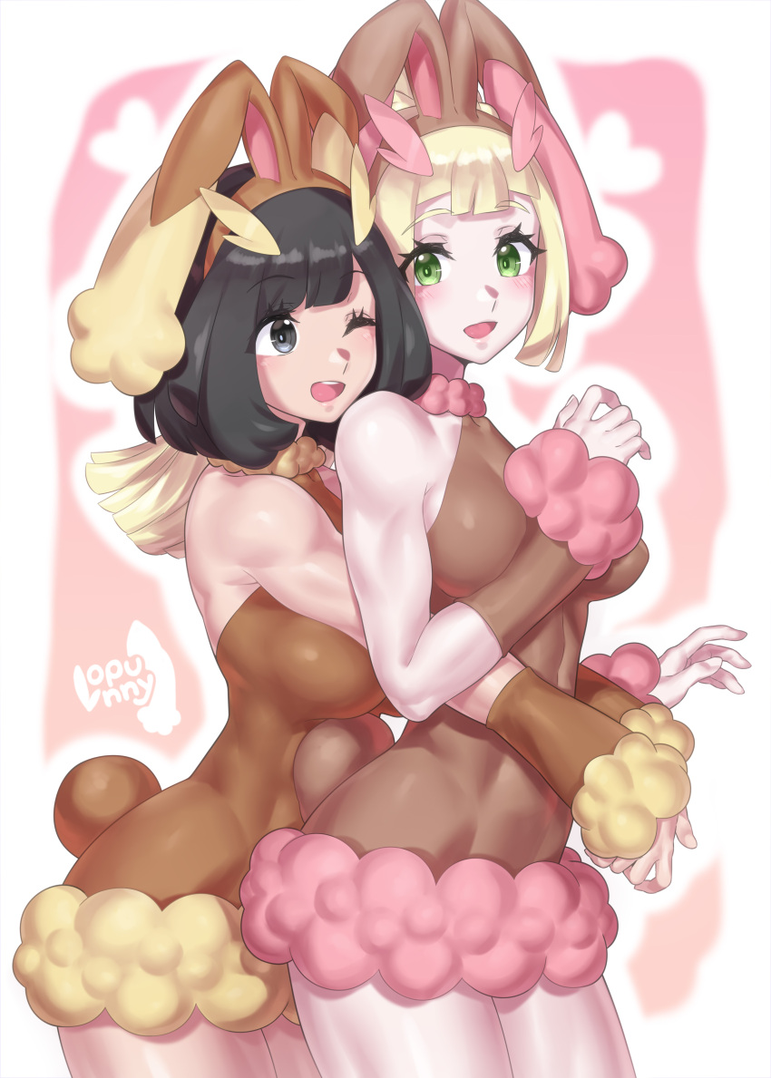 2girls, ;), absurdres, animal_ears, black_eyes, black_hair, blonde_hair, blush