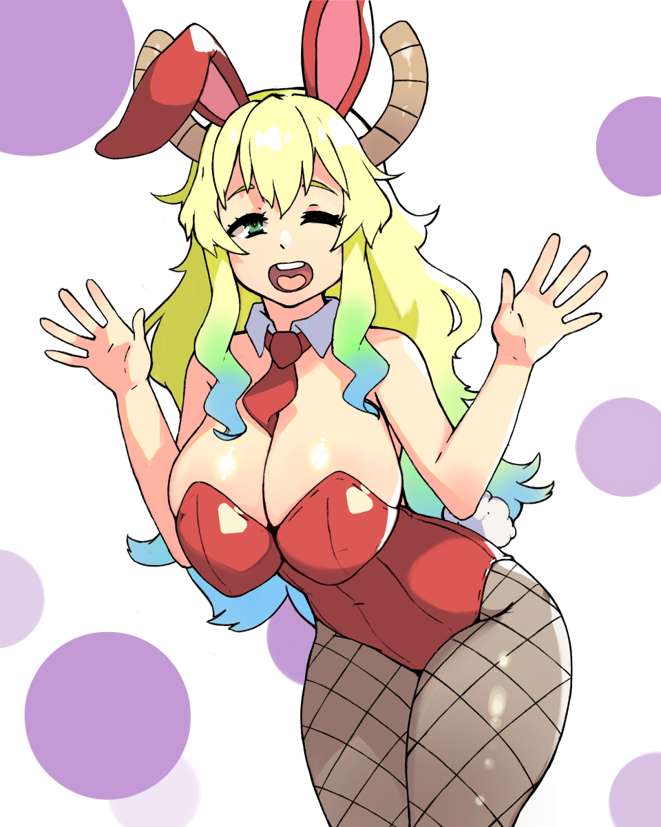 1girl, :d, alternate_costume, bare_arms, bare_shoulders, between_breasts, blonde_hair, breasts, commentary, cowboy_shot, english_commentary, fishnet_legwear, fishnets, gradient_hair, green_eyes, green_hair, grey_legwear, hands_up, highres, horns, kobayashi-san_chi_no_maidragon, large_breasts, leotard, looking_at_viewer, lucoa_(maidragon), multicolored_hair, necktie, necktie_between_breasts, official_alternate_costume, one_eye_closed, open_mouth, pantyhose, playboy_bunny, red_leotard, red_neckwear, skindentation, smile, solo, standing, strapless, strapless_leotard, vins-mousseux