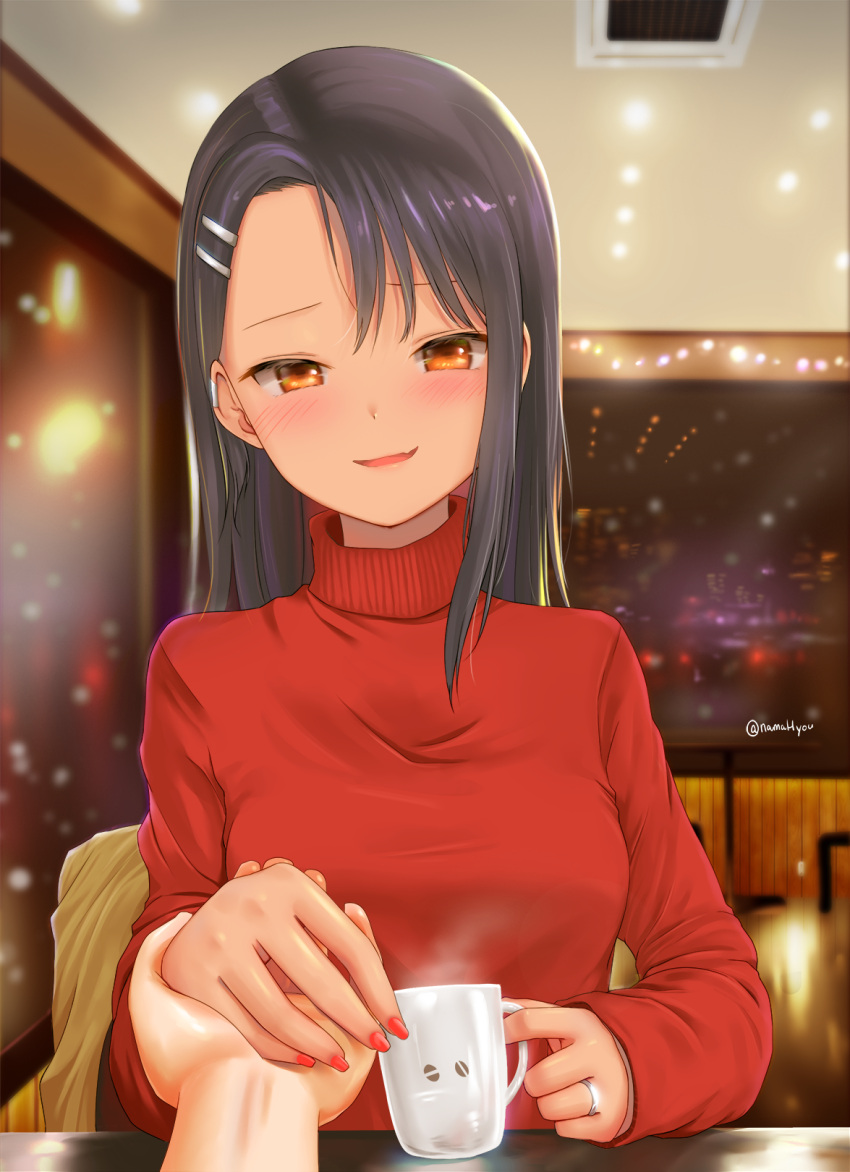 1girl, black_hair, breasts, brown_eyes, chair, commentary_request, cup, fang, goldowl, half-closed_eyes, hand_grab, highres, holding, holding_cup, ijiranaide_nagatoro-san, indoors, jewelry, long_hair, looking_at_viewer, mug, nagatoro_hayase, nail_polish, night, parted_lips, red_nails, red_sweater, ring, sitting, small_breasts, smile, solo_focus, steam, sweater, table, turtleneck, turtleneck_sweater, twitter_username