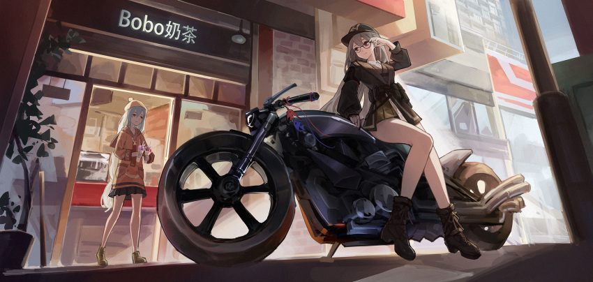2girls, adjusting_eyewear, arknights, bare_legs, baseball_cap, bespectacled, black_skirt, boots