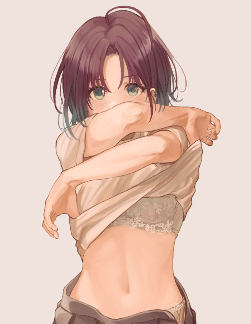 1girl, absurdres, ahoge, asakura_tooru, bangs, beige_background, black_hair, blue_eyes, bra, brown_hair, clothes_lift, covered_mouth, cowboy_shot, crossed_arms, ear_piercing, earrings, gradient_hair, highres, idolmaster, idolmaster_shiny_colors, jewelry, lace-trimmed_bra, lace-trimmed_panties, lace_trim, looking_at_viewer, midriff, multicolored_hair, navel, open_clothes, open_skirt, panties, parted_bangs, piercing, pleated_skirt, shirt, shirt_lift, short_hair, simple_background, skirt, solo, stomach, t-shirt, tanupon, underwear
