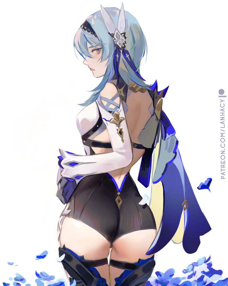 1girl, artist_name, ass, bangs, bare_shoulders, black_hairband, blue_hair, breasts
