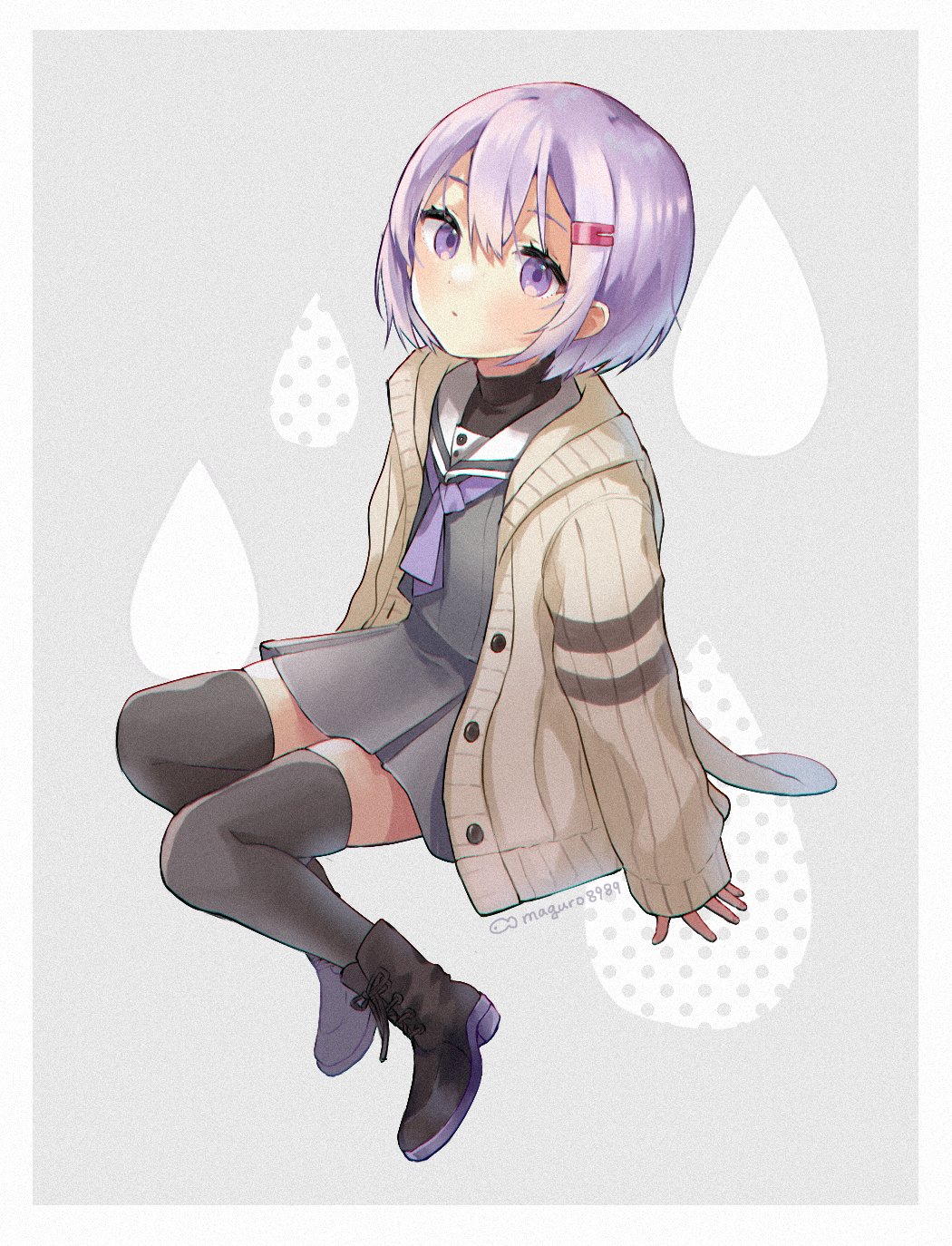 1girl, a.i._voice, binchou_maguro, black_footwear, black_legwear, boots, cardigan, closed_mouth