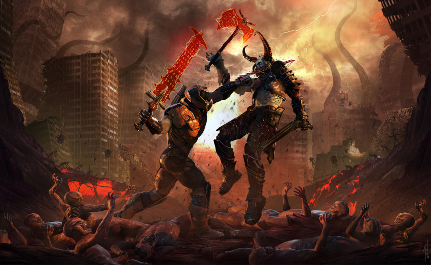 2boys, apocalypse, armor, axe, battle, battle_axe, blood, cacodemon