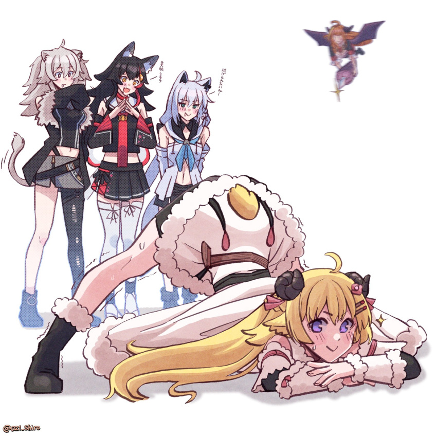 021_shiro, 5girls, anal_tail, animal_ear_fluff, animal_ears, bangs, bike_shorts, black_hair