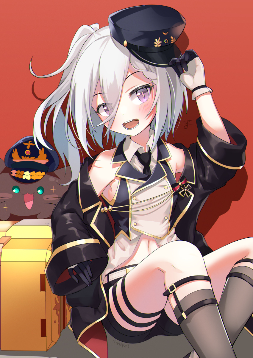 1girl, :d, armpits, azur_lane, bangs, bare_shoulders, belt, black_gloves
