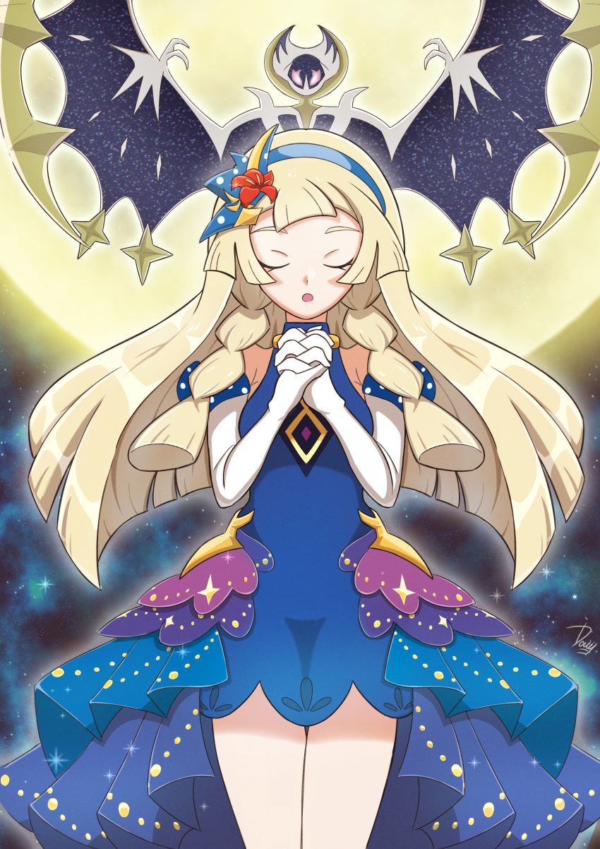 1girl, absurdres, bangs, blonde_hair, blue_dress, blunt_bangs, braid, dress, gen_7_pokemon, highres, huge_filesize, ida_(idalol490), legendary_pokemon, lillie_(pokemon), long_hair, lunala, moon, official_alternate_costume, pokemon, pokemon_(game), pokemon_masters_ex, twin_braids