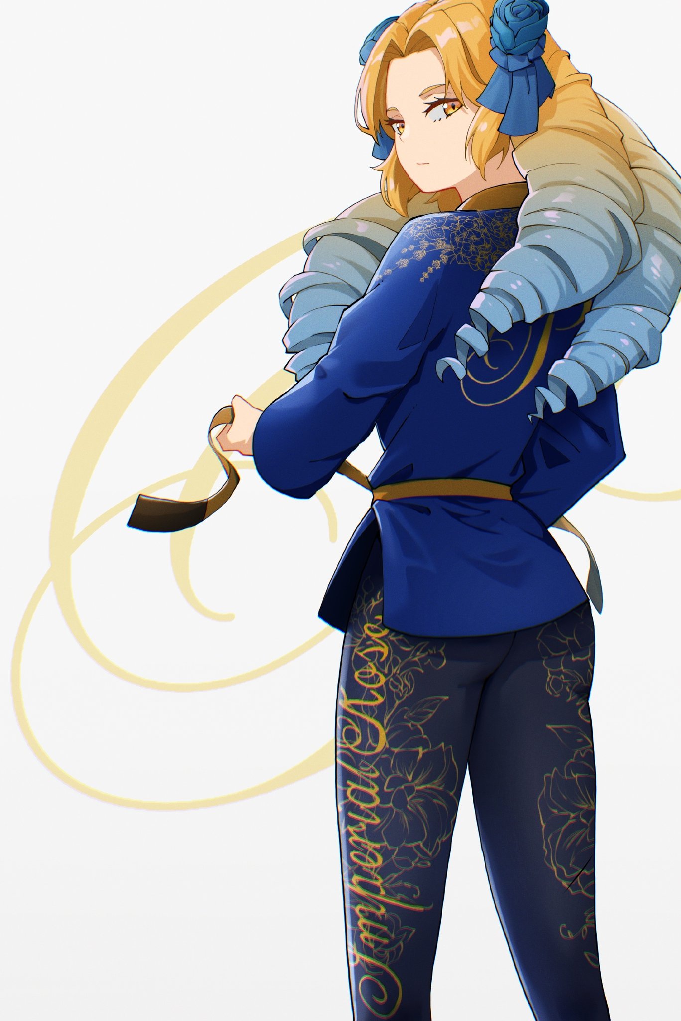 1girl, adapted_costume, astraea_(fate), blonde_hair, blue_hair, bow, breasts, dougi