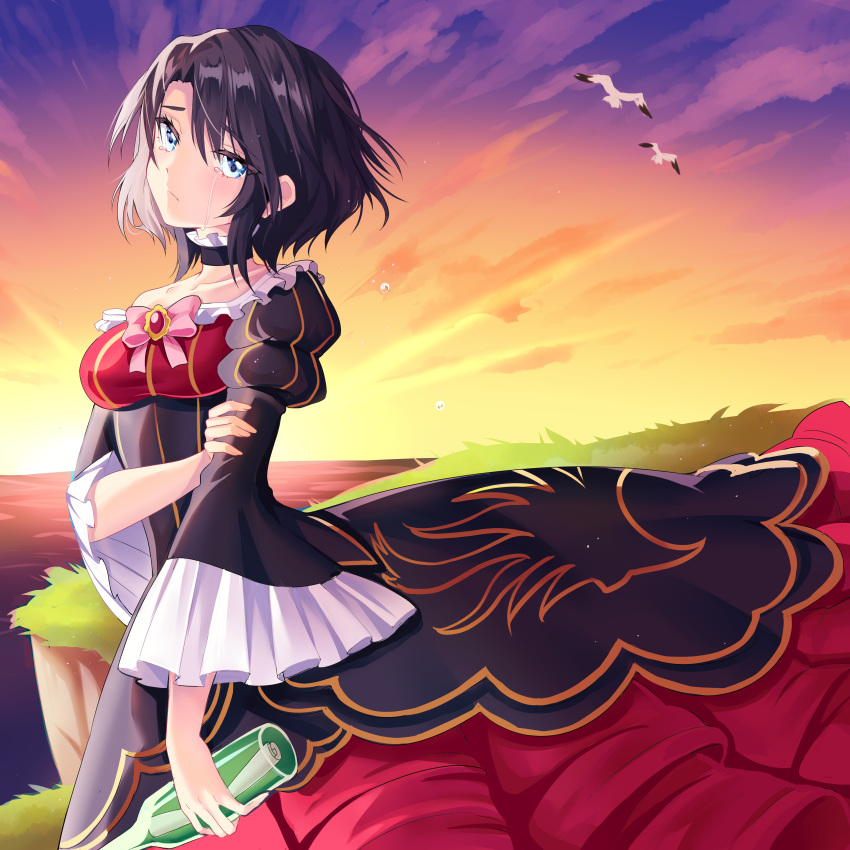 1girl, absurdres, bird, blue_eyes, bottle, bow, brown_hair, choker