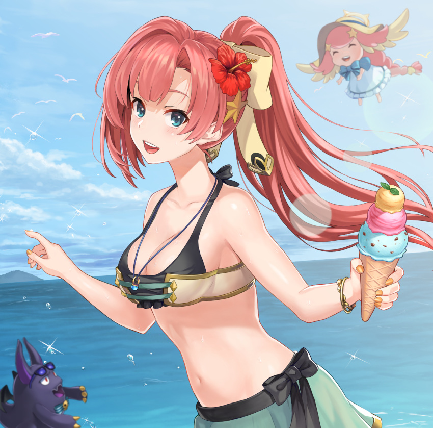 2girls, :d, bangs, bare_shoulders, bikini, black_bow, blush, bow