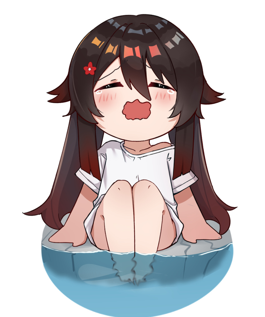 1girl, blush, brown_hair, chibi, crying, feet, genshin_impact, highres