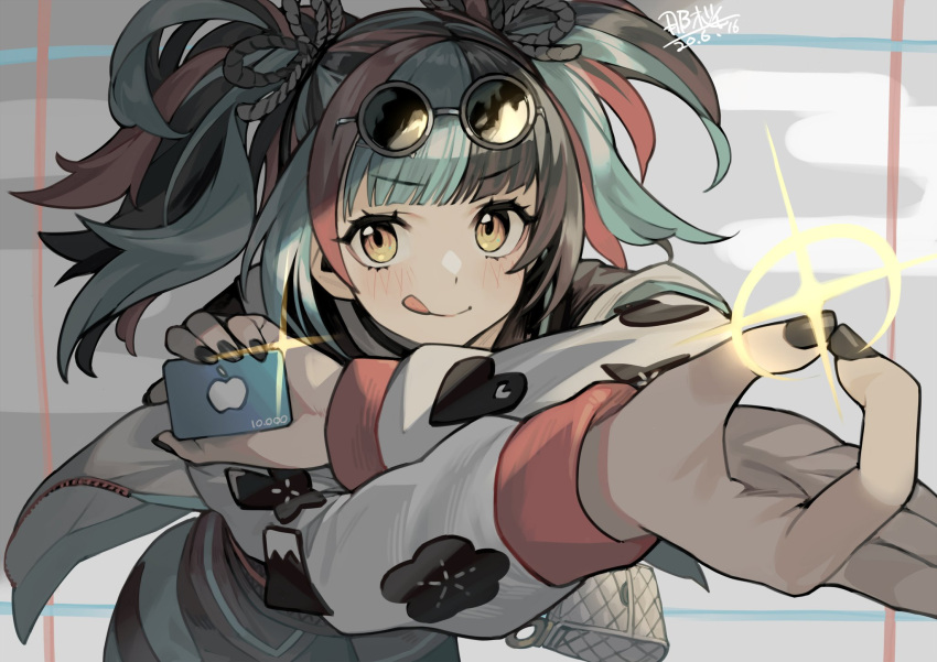 1girl, bag, black_nails, dated, eyewear_on_head, fate/grand_order, fate_(series), handbag, highres, itunes_card, jacket, multicolored_hair, sei_shounagon_(fate), seyana, signature, sparkle, sunglasses, tongue, tongue_out, twintails, white_jacket, yellow_eyes