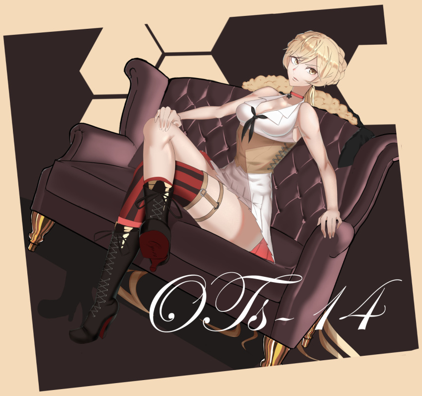 1girl, armchair, black_footwear, black_neckwear, blonde_hair, boots, braid, breasts