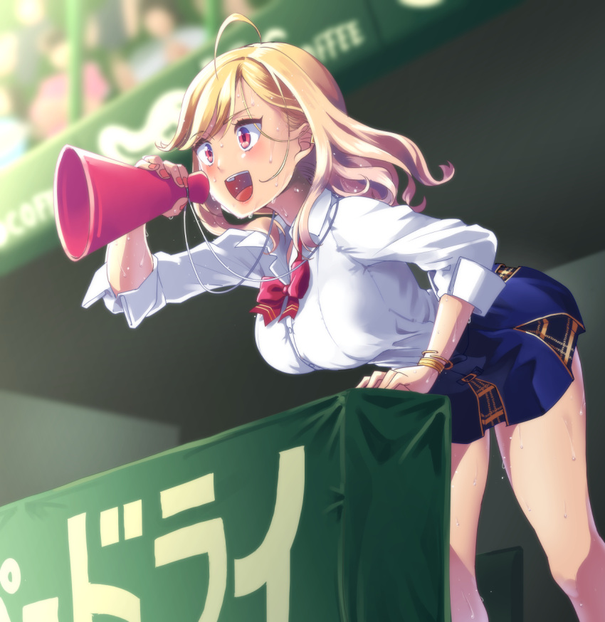 1girl, bleachers, blonde_hair, bow, bracelet, fingernails, hakkaku_shikimi, highres, jewelry, leaning_forward, looking_ahead, megaphone, nail_polish, nijisanji, open_mouth, red_eyes, shirt, shouting, skirt, sleeves_rolled_up, smile, stadium, sweat, sweating_profusely, takamiya_rion, thighs, tongue, uniform, white_shirt