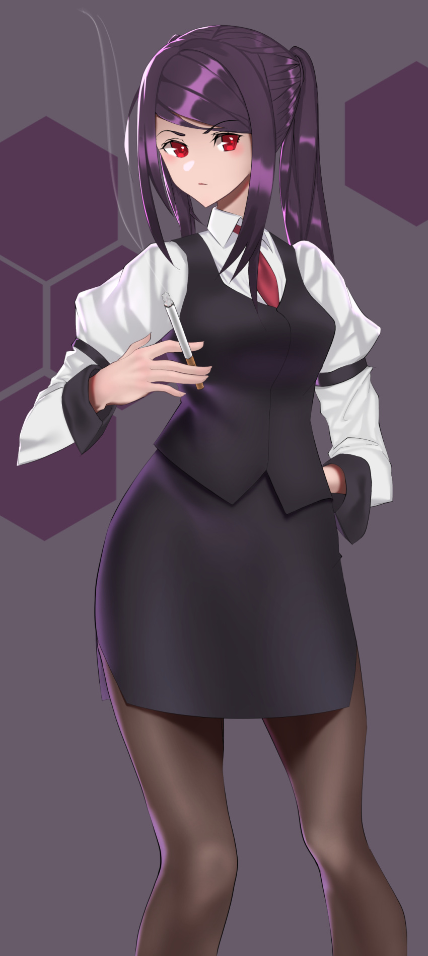 1girl, absurdres, black_legwear, black_skirt, black_vest, cigarette, closed_mouth, eyebrows_visible_through_hair