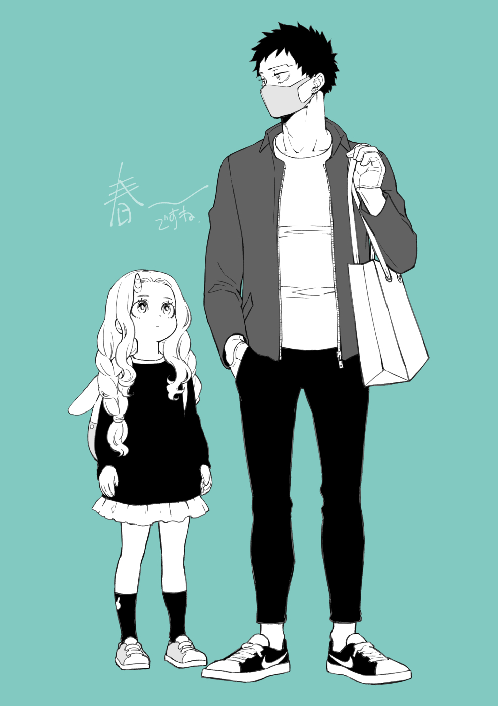 1boy, 1girl, bag, boku_no_hero_academia, earrings, eri_(boku_no_hero_academia), gloves, highres, horns, jacket, jewelry, kneehighs, long_hair, looking_at_another, mask, mouth_mask, multiple_earrings, open_clothes, open_jacket, overhaul_(boku_no_hero_academia), pants, qina_(qinazuma_tno), shirt, shoes, shopping_bag, short_hair, single_horn, skirt, socks
