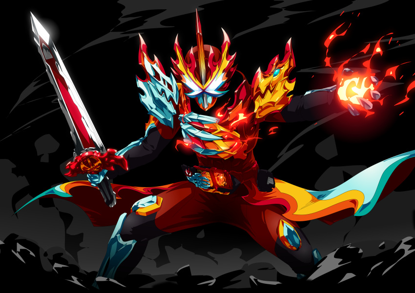 1boy, absurdres, armor, belt, black_background, bodysuit, dark_background, fighting_stance