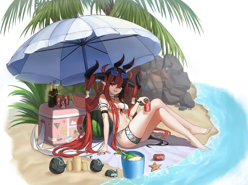 $hu, 1girl, absurdres, alchemy_stars, alternate_costume, arm_strap, barefoot, beach