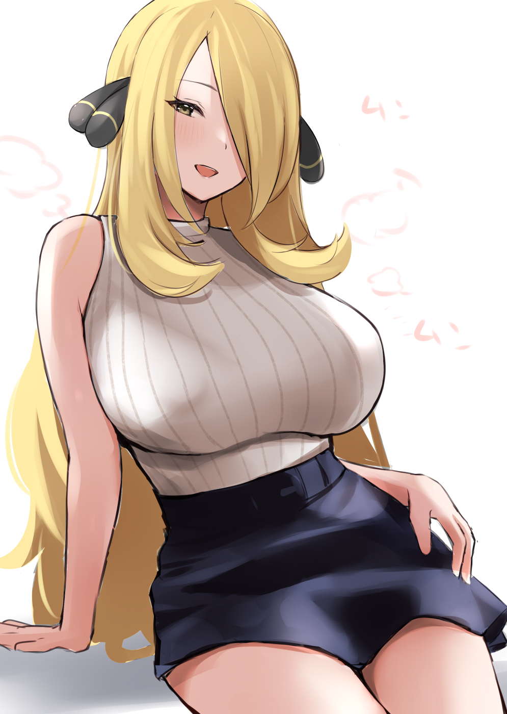 1girl, black_skirt, blonde_hair, breasts, cynthia_(pokemon), hair_ornament, hair_over_one_eye, highres