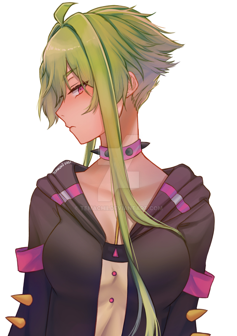 1girl, ahoge, black_hoodie, breasts, closed_mouth, deviantart_username, green_hair, hood