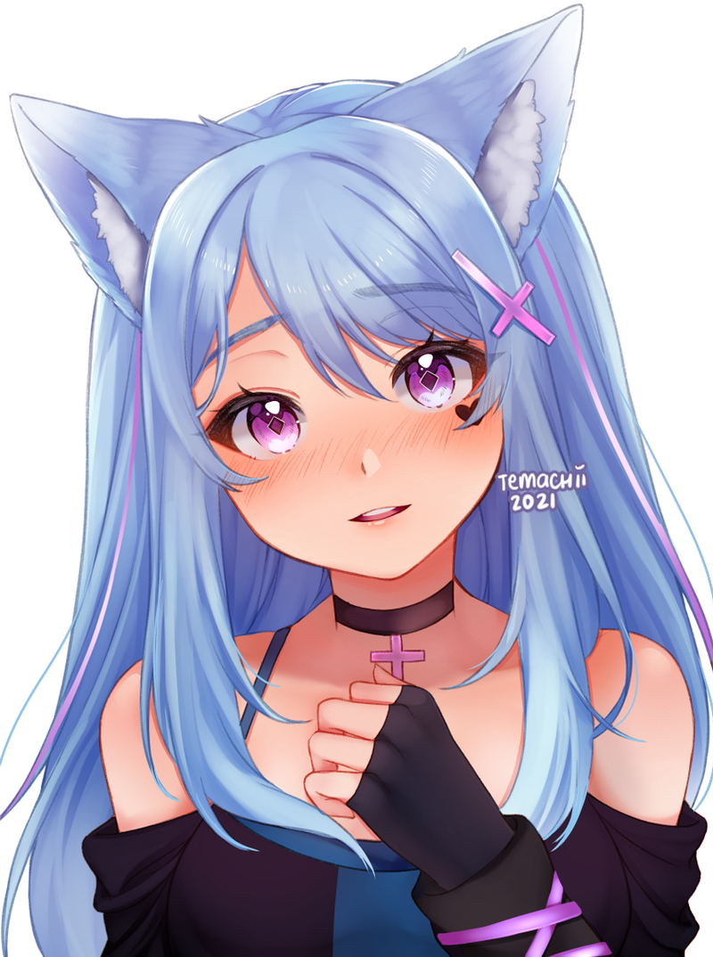 1girl, animal_ear_fluff, animal_ears, bare_shoulders, black_choker, black_gloves, blue_hair, blush