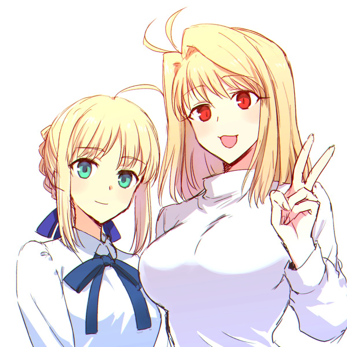 2girls, ahoge, antenna_hair, arcueid_brunestud, artoria_pendragon_(fate), blonde_hair, blue_eyes, braid, breasts, company_connection, cowboy_shot, fate/stay_night, fate_(series), french_braid, green_eyes, hair_intakes, highres, large_breasts, long_hair, looking_at_viewer, multiple_girls, red_eyes, saber, sbs, small_breasts, smile, tsukihime, turtleneck, turtleneck_sweater, type-moon, v, white_background