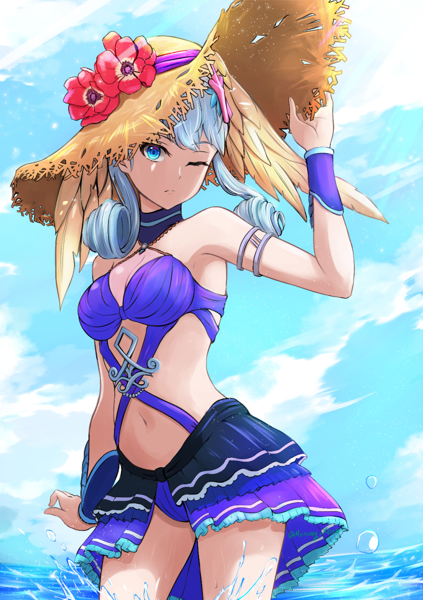 1girl, flower, hat, head_wings, highres, melia_antiqua, mercury_xeno, navel