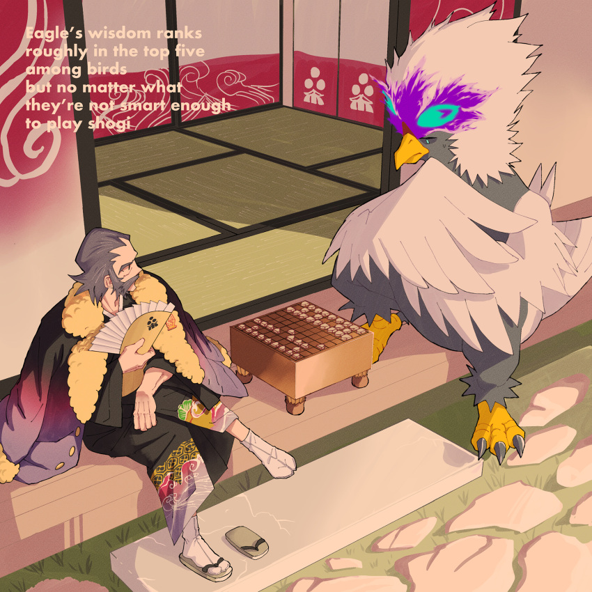 1boy, bird, board_game, commentary_request, day, english_text, facial_hair, fur_trim, grass, grey_hair, highres, hisuian_braviary, hisuian_form, holding, how_long, kamado_(pokemon), male_focus, mustache, outdoors, playing_games, pokemon, pokemon_(game), pokemon_legends:_arceus, sandals, short_hair, shougi, sitting, socks, tatami, white_legwear