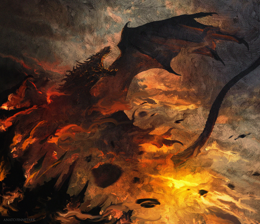 anato_finnstark, ancalagon, artist_name, clouds, cloudy_sky, dragon, fire, highres