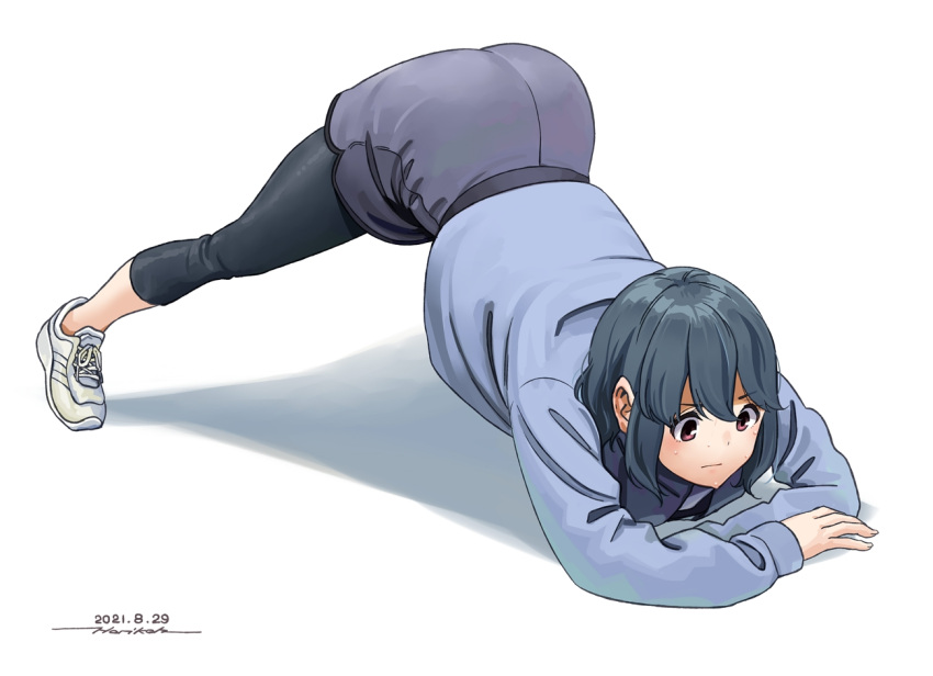 1girl, ass, blue_shirt, closed_mouth, dated, grey_hair, horikou, jack-o'_challenge, leggings, long_sleeves, red_eyes, sanpaku, shima_saki, shirt, shoes, signature, simple_background, solo, top-down_bottom-up, white_background, white_footwear, yurucamp