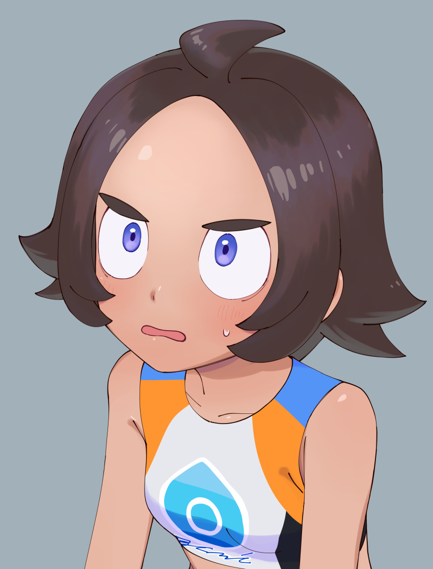 1girl, absurdres, ahoge, bare_arms, blush, breasts, brown_hair, collarbone
