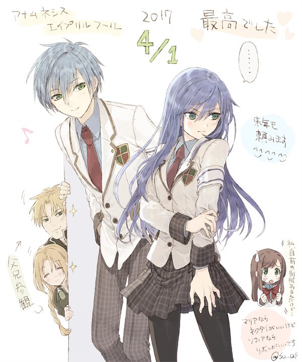 2boys, 3girls, alternate_costume, blonde_hair, blue_hair, braid, breasts, cliff_fittir
