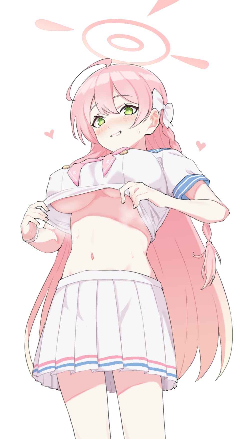 1girl, ahoge, bangs, blue_archive, blush, braid, breasts, clothes_lift, dot_nose, eyebrows_visible_through_hair, green_eyes, hair_between_eyes, hair_ribbon, halo, hanako_(blue_archive), heart, highres, lifted_by_self, miniskirt, navel, no_bra, osame, pink_neckwear, pleated_skirt, ribbon, sailor_collar, school_uniform, serafuku, shiny, shiny_hair, shirt_lift, short_sleeves, simple_background, single_braid, skirt, smile, solo, steaming_body, thighs, under_boob, white_ribbon, white_skirt