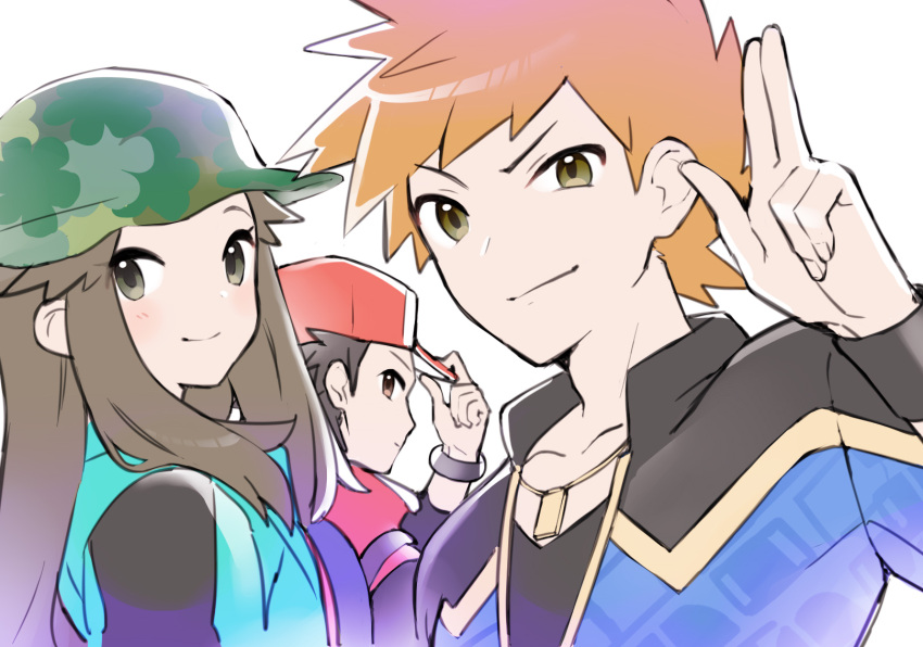 1girl, 2boys, bangs, baseball_cap, blue_oak, blush, bracelet, brown_eyes