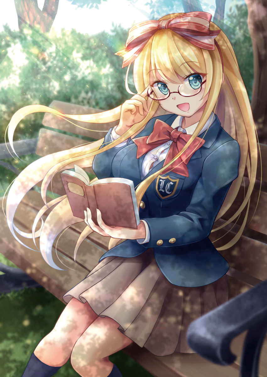 1girl, adjusting_eyewear, aqua_eyes, bench, blazer, blonde_hair, blue_jacket, blue_legwear