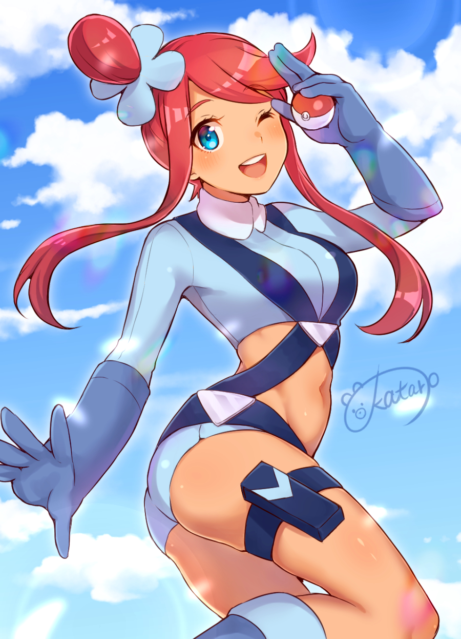 1girl, ;d, blue_eyes, blue_footwear, blue_gloves, blue_jacket, blue_shorts, blush