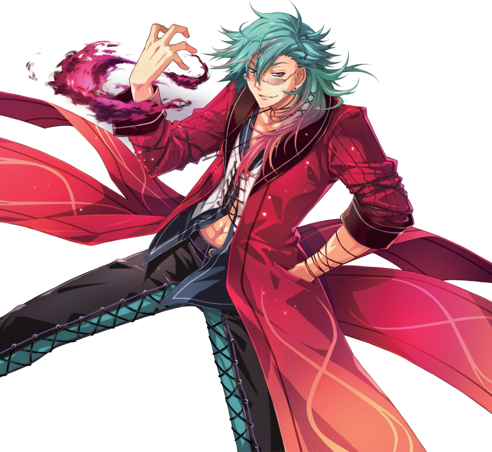 1boy, eiyuu_densetsu, fire, glasses, green_hair, long_hair, mcburn, render