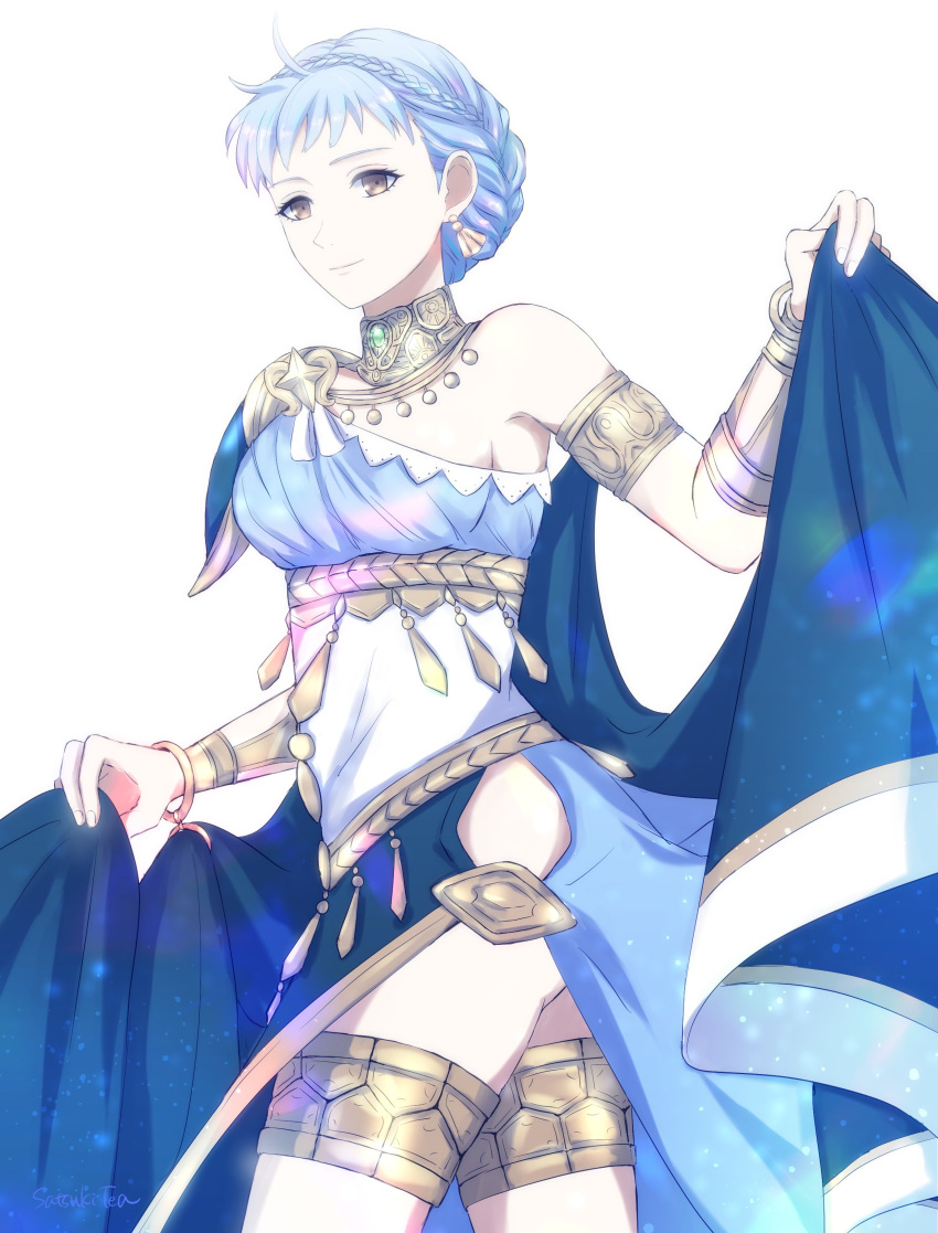1girl, absurdres, alternate_costume, armlet, armor, blue_dress, blue_hair, bracelet, braid, breasts, brown_eyes, closed_mouth, collar, commentary_request, crown_braid, dancer, dancer_(three_houses), dfhnokenbutu, dress, earrings, fire_emblem, fire_emblem:_three_houses, fire_emblem_heroes, highres, jewelry, marianne_von_edmund, medium_breasts, official_alternate_costume, shawl, short_hair, shoulder_armor, simple_background, single_bare_shoulder, sleeveless, sleeveless_dress, smile, solo, thighs, white_background