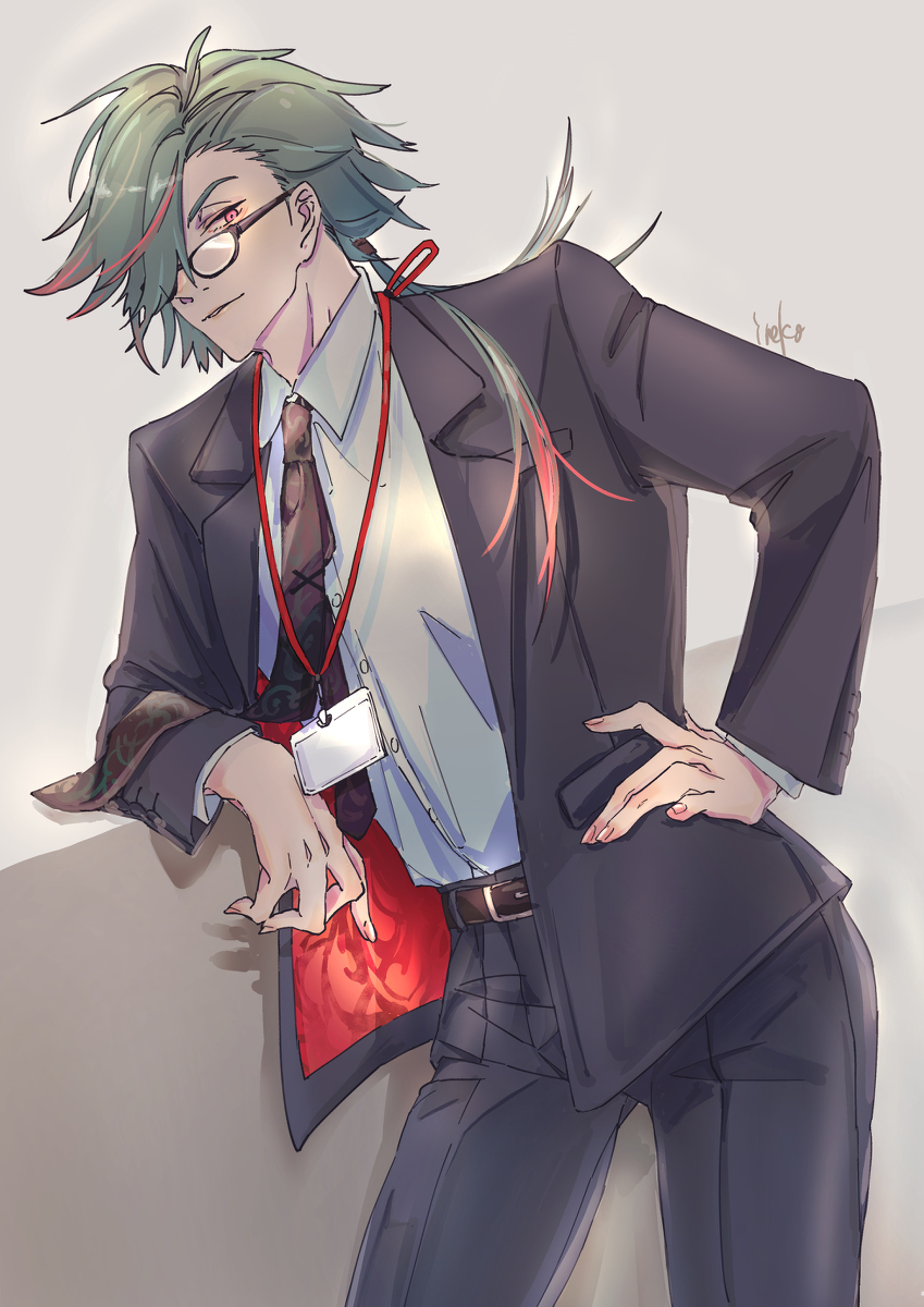 belt, eiyuu_densetsu, formal, glasses, green_hair, hand_on_hip, highres, long_hair