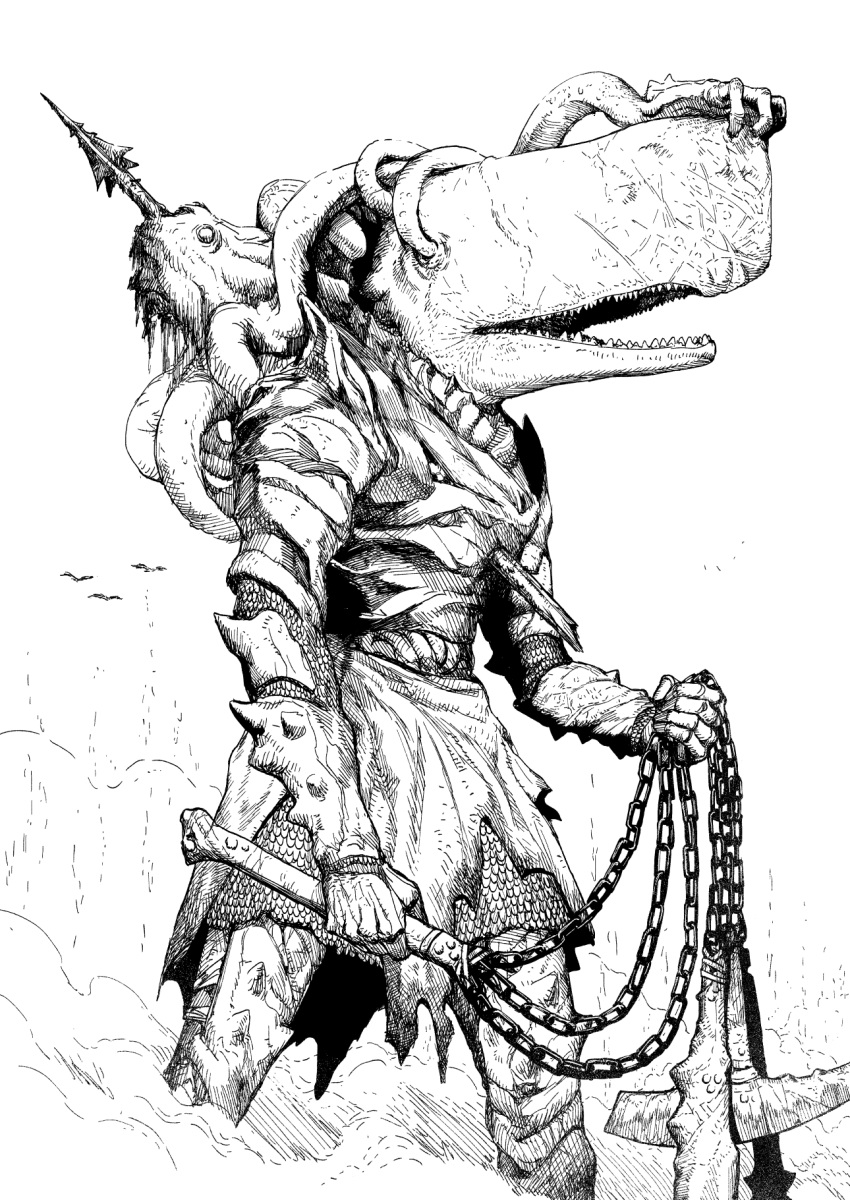 1other, animal_head, armor, breastplate, commentary, english_commentary, greyscale, highres