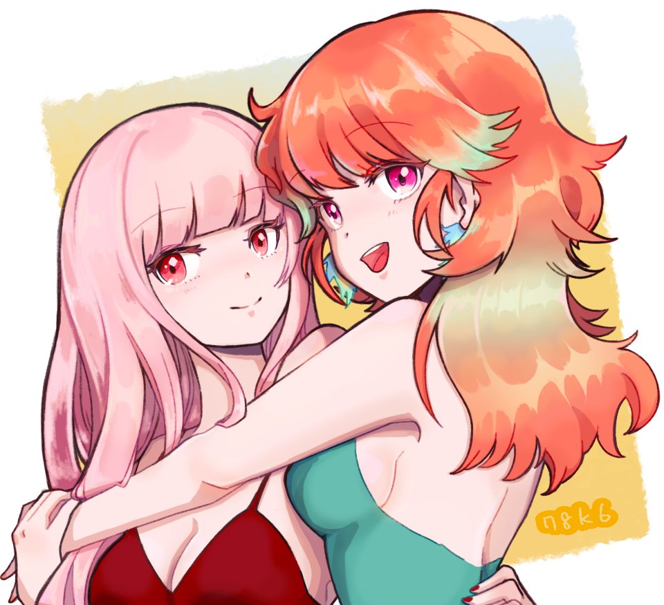 2girls, alternate_costume, blush, couple, earrings, eyebrows_visible_through_hair, feather_earrings, feathers, gradient_hair, happy, hololive, hololive_english, hug, jewelry, long_hair, looking_at_viewer, mori_calliope, multicolored_hair, multiple_girls, naekam, orange_hair, red_eyes, smile, swimsuit, takanashi_kiara, violet_eyes, virtual_youtuber, yuri