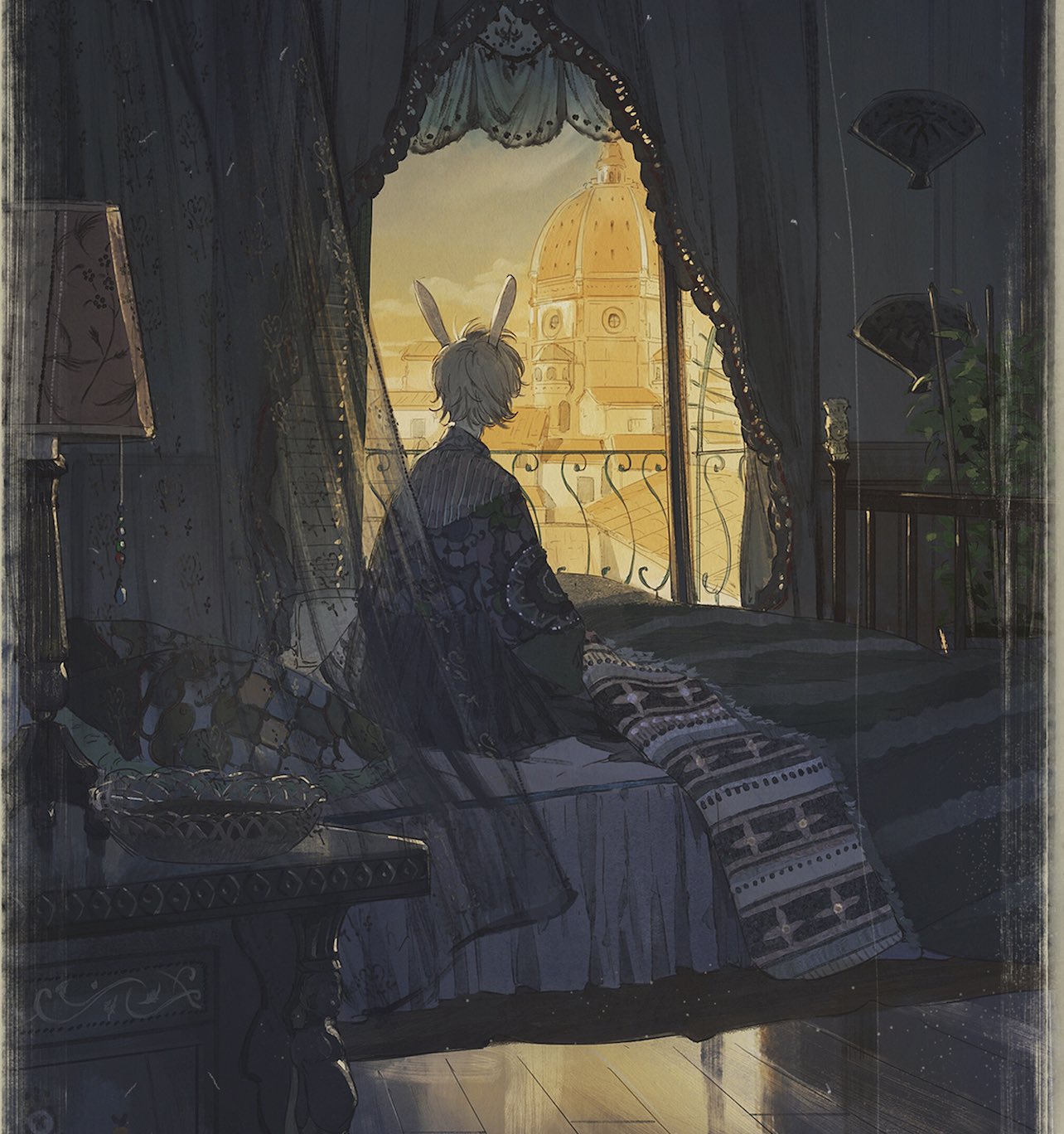 1boy, animal_ears, bed, blanket, building, carpet, ceiling, closet, colorful, floor, highres, illumi999, lamp, light, looking_outside, mosque, original, pajamas, pillow, plate, rabbit_ears, room, short_hair, sitting, solo, table, wall, white_hair, wooden_floor, wooden_wall