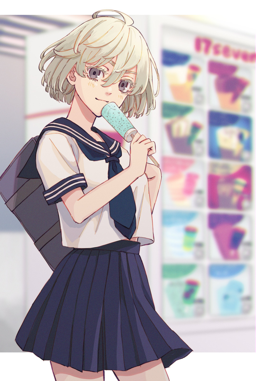 1girl, absurdres, ahoge, akashi_senju, bag, bangs, blouse, blue_skirt, closed_mouth, cowboy_shot, food, grey_eyes, hair_between_eyes, highres, holding, holding_food, ice_cream, looking_at_viewer, meimei_(cb_mei), pleated_skirt, sailor_collar, school_bag, school_uniform, serafuku, short_hair, skirt, smile, solo, standing, tokyo_revengers, white_blouse, white_hair