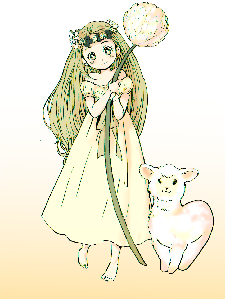 1girl, barefoot, blush, clover_(flower), dress, flower, full_body, green_eyes