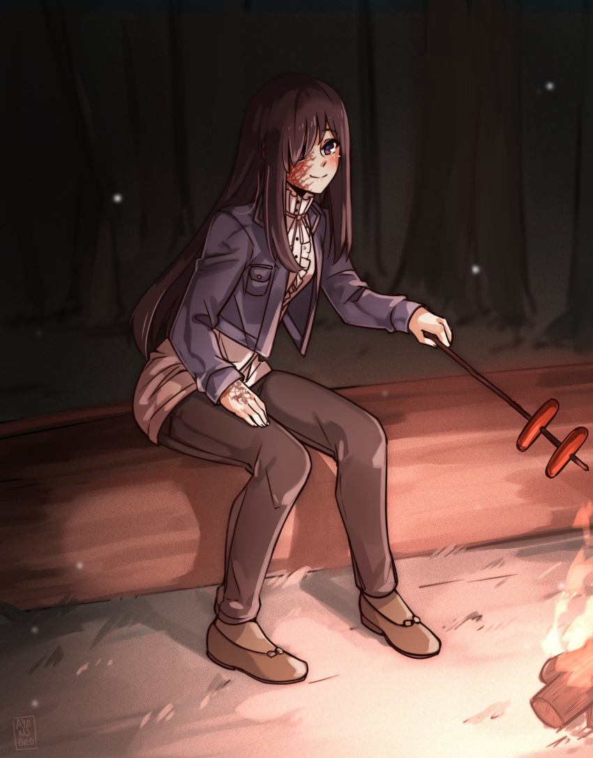 1girl, ayanobro, black_hair, blouse, blush, burn_scar, campfire, hair_over_one_eye