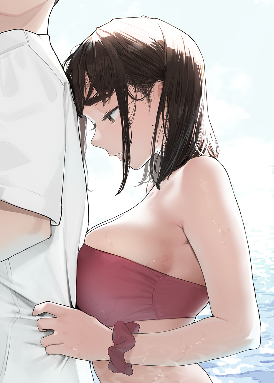 1boy, 1girl, bikini, breast_press, breasts, brown_eyes, brown_hair, commentary_request