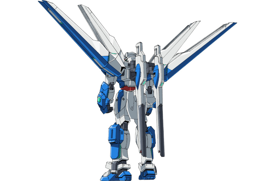 clenched_hands, from_behind, gundam, gundam_breaker_battlogue, gundam_helios, highres, mecha, mechanical_wings