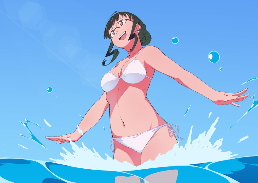 bikini, glasses, gridman_universe, highres, peeqaboo, sky, smile, splashing