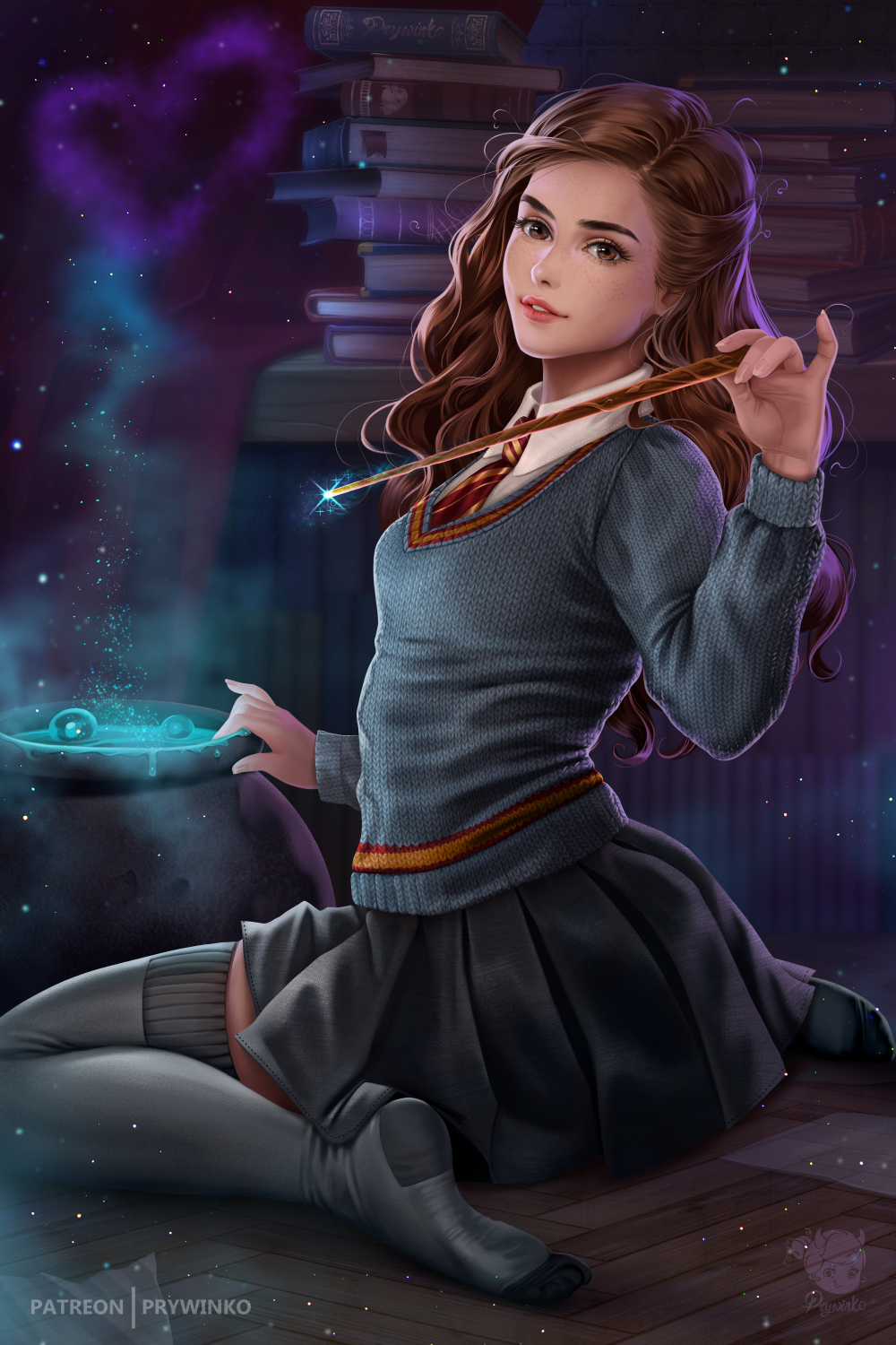 1girl, artist_logo, black_skirt, book, book_stack, brown_eyes, brown_hair, cauldron