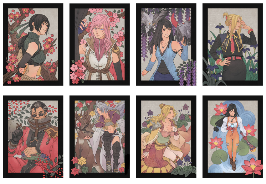2boys, 6+girls, arm_ribbon, arm_warmers, auron, bangs, bird, black_hair, black_ribbon, blonde_hair, blue_eyes, branch, choker, closed_eyes, closed_mouth, crimson_sun, deer, final_fantasy, final_fantasy_iv, final_fantasy_ix, final_fantasy_vii, final_fantasy_viii, final_fantasy_xiii, flower, full_body, garnet_til_alexandros_xvii, glasses, gloves, gourd, hanafuda, hand_on_hip, hand_on_own_chest, highres, kuja, lightning_farron, long_hair, long_sleeves, low-tied_long_hair, medium_hair, multiple_boys, multiple_girls, necklace, necktie, orange_bodysuit, pendant, pink_hair, quistis_trepe, ribbon, rinoa_heartilly, rosa_farrell, scar, seed_uniform_(ff8), short_hair, shrug_(clothing), silver_hair, sleeveless, sleeveless_turtleneck, staff, sunglasses, tree, turtleneck, v-neck, yuffie_kisaragi